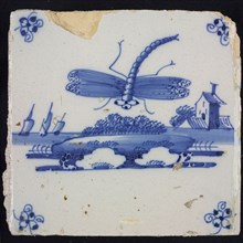 Animal tile, flying dragonfly above continuous ground, buildings with tower and three sailing ships in the background, in blue