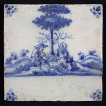 Figure tile, blue with an amiable shepherd scene with shepherd and shepherdess, sitting at tree, corner motif spider, wall tile