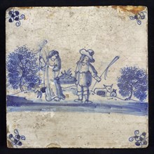 Figure tile, blue with amorous shepherd scene with shepherd and shepherdess, standing, shy position, corner motif spider, wall