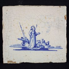 Figure tile, blue with shepherdess in landscape with sheep, no corner motif, wall tile tile sculpture ceramic earthenware glaze