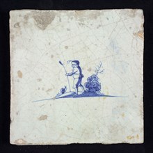 Figure tile, blue with shepherd with staff in landscape, no corner motif, wall tile tile sculpture ceramics pottery glaze, baked