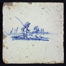 Figure tile, blue with backward-looking shepherd with staff in landscape, no corner motif, wall tile tile sculpture ceramic