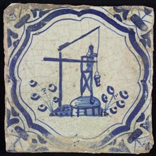 Scene tile, blue with landscape with well, with figure that retrieves bucket, frame braces with corner motif, wing, wall tile