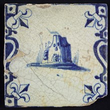 Scene tile, blue with landscape with house with plume of smoke, between balusters, corner motif lily, wall tile tile sculpture