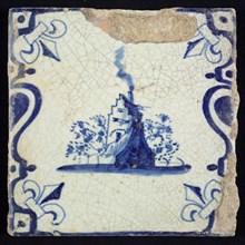 Scene tile, blue with landscape with house with stepped gable and plume of smoke, between balusters, corner motif lily, wall