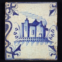 Scene tile, blue with landscape with monastery, between balusters, corner motif lily, wall tile tile sculpture ceramic