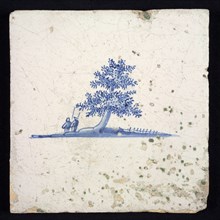 Scene tile, blue with sketch of landscape with tree and two figures on the horizon, no corner motif, wall tile tile sculpture