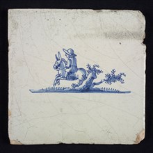 Scene tile, blue with sketch of landscape with rider, no corner motif, wall tile tile sculpture ceramic earthenware glaze, baked
