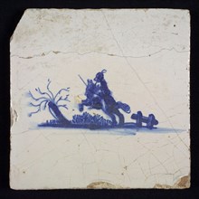 Scene tile, blue with sketch of landscape with horseman, bare tree and fence, no corner motif, wall tile tile sculpture ceramic
