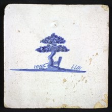 Scene tile, blue with sketch of landscape with tree with two crowns and winding trunk, no corner pattern, wall tile