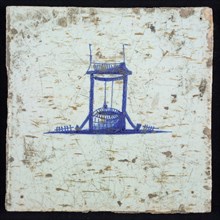 Scene Tile, blue with sketches of landscape with well, no corner motif, wall tile tile sculpture ceramic earthenware glaze