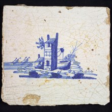 Scene Tile, blue with sketches of landscape with tower with well, no corner motif, wall tile tile sculpture ceramic earthenware