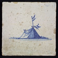Scene tile, blue with sketch of tent with flags, no corner motif, wall tile tile sculpture ceramic earthenware glaze, baked 2x