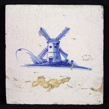 Scene tile, blue with landscape with windmill, no corner motif, wall tile tile sculpture ceramic earthenware glaze, baked 2x
