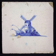 Scene tile, blue with landscape with windmill, no corner motif, wall tile tile sculpture ceramic earthenware glaze, baked 2x