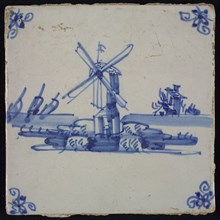 Scene tile, blue with landscape with stand mill, corner motif spider, wall tile tile sculpture ceramic earthenware glaze, baked