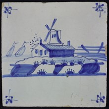 Scene tile, blue with landscape with mill and house (sawmill?), Corner pattern spider, wall tile tile sculpture ceramic