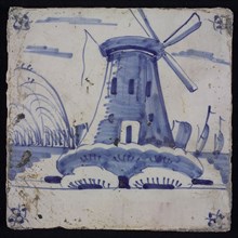 Scene tile, blue with landscape with windmill, corner pattern spider, wall tile tile sculpture ceramic earthenware glaze, baked