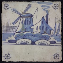 Scene tile, blue with landscape with mill and house, corner motif spider, wall tile tile sculpture ceramic earthenware glaze