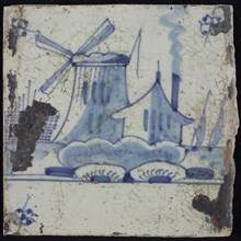 Scene tile, blue with landscape with mill and house, corner motif spider, wall tile tile sculpture ceramic earthenware glaze