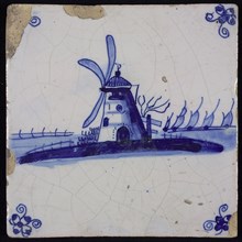 Scene tile, blue with landscape with windmill and sailing ships, corner motif spider, wall tile tile sculpture ceramic