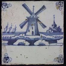 Scene tile, blue with landscape with windmill, church in the background, corner pattern spider, wall tile tile sculpture ceramic