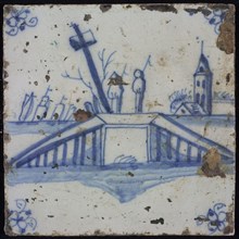 Scene tile, blue with landscape with bridge with two fishermen, corner motif spider, wall tile tile sculpture ceramic