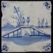 Scene tile, blue with landscape with bridge with two fishermen, corner pattern spider, wall tile tile sculpture ceramic