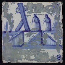 Scene tile, blue with landscape with bridge with two fishermen, corner motif spider, wall tile tile sculpture ceramic