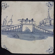Scene tile, blue with landscape with bridge, corner motif spider, wall tile tile sculpture ceramic earthenware glaze, baked 2x