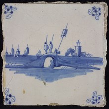 Scene tile, blue with landscape with an arch bridge with two fishermen, corner motif spider, wall tile tile footage ceramic