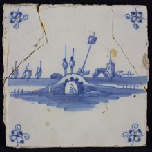 Scene tile, blue with landscape with an arch bridge with two fishermen, corner motif spider, wall tile tile sculpture ceramic