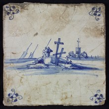 Scene tile, blue with landscape with bridge with two fishermen and cross, corner motif spider, wall tile tile sculpture ceramic