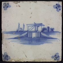 Scene tile, blue with landscape with drawbridge with sailing ships in the background, corner pattern spider, wall tile