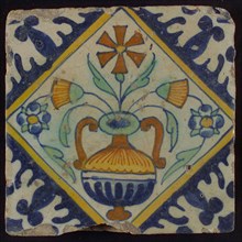 Flower tile flowerpot in square, corner pattern palmet, wall tile tile sculpture ceramic earthenware glaze, baked 2x glazed