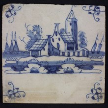 Scene tile, blue with landscape with houses and church, in the background sailing ships, corner design spider, wall tile