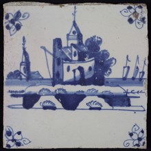 Scene tile, blue with landscape with church, in the background sailing ships, corner motif spider, wall tile tile sculpture