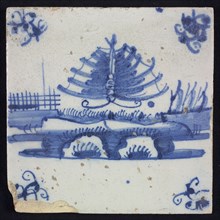 Animal tile, flying butterfly above continuous ground, right three sailing ships in the background, in blue on white, corner