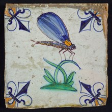Animal tile, sitting dragonfly to the right on leafy spike, in orange, green and blue on white, corner pattern french lily