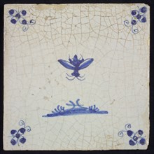 Animal tile, flying insect above ground, in blue on white, corner motif spider, wall tile tile sculpture ceramic earthenware