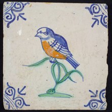 Animal tile, bird on plant to the left in orange, green and blue on white, corner pattern ossenkop, wall tile tile sculpture