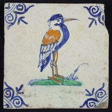 Animal tile, bird on piece of land to the right in orange, green and blue on white, corner pattern ossenkop, wall tile