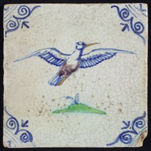 Animal tile, flying bird to the right in purple, green and blue on white, corner pattern ox head, wall tile tile sculpture