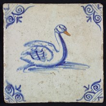Animal tile, bird in water to the right in orange and blue on white, corner motif ox's head, wall tile tile sculpture ceramic