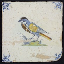 Animal tile, bird on ground to the left in yellow, brown, green and blue on white, corner pattern ox head, wall tile