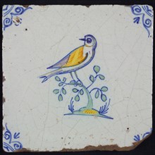 Animal tile, bird on branch to the right in yellow, purple, orange, green and blue on white, corner pattern ossenkop, wall tile