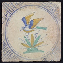 Animal tile, bird on branch to the left in yellow, orange, green and blue on white, inside circle, corner pattern meanders, wall