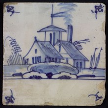 Scene tile, blue with landscape with houses and (church?) Tower, in the background sailing ships, corner design spider, wall