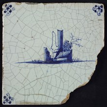 Scene tile, blue with sketch of ruin, houses with tower, corner motif spider, wall tile tile sculpture ceramic earthenware glaze