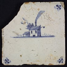 Scene tile, blue with sketch of house with smoking chimney, corner motif spider, wall tile tile sculpture ceramic earthenware
